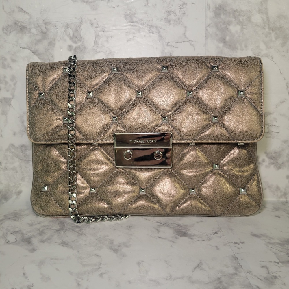 Michael Kors Sloan Metallic Bronze Quilted Leather Studded Chain Crossbody Bag - Picture 1 of 13